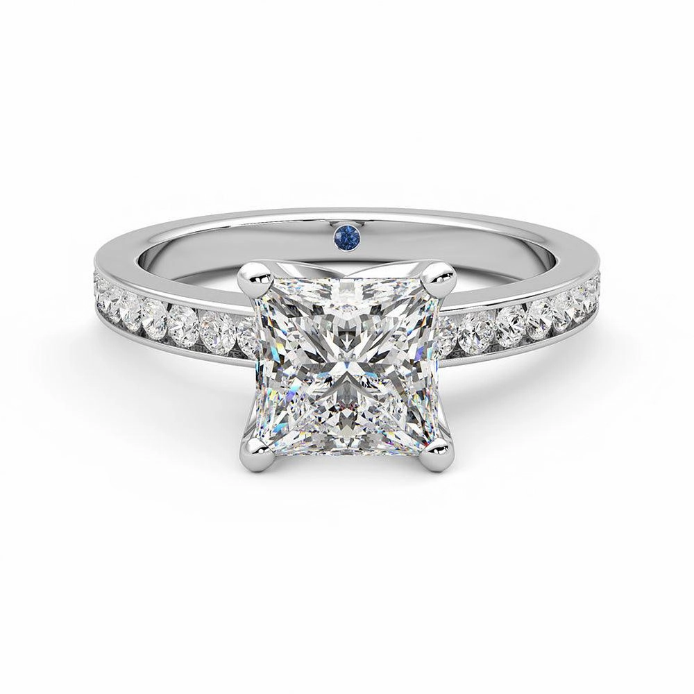 Princess Cut Moissanite Engagement Ring with Hidden Anniversary Stone and Channel Set Side Stones Night Detail