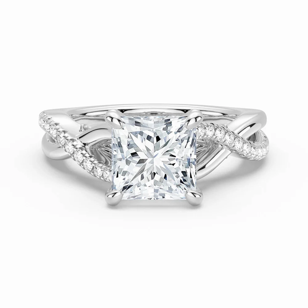 Unique Sparkle Day Vibe Princess Cut Moissanite Twisted Band Engagement Ring with Hidden Accents