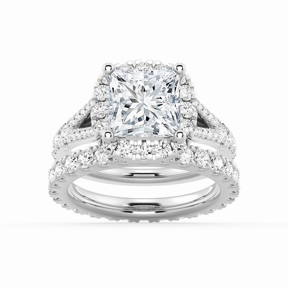Refined Lines Bridesmaid Gift Princess Cut Split Shank Halo Moissanite Ring Set with Matching Wedding Band