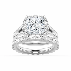 Princess Cut Split Shank Halo Moissanite Ring Set with Matching Wedding Band Bold Texture Highlight Feature