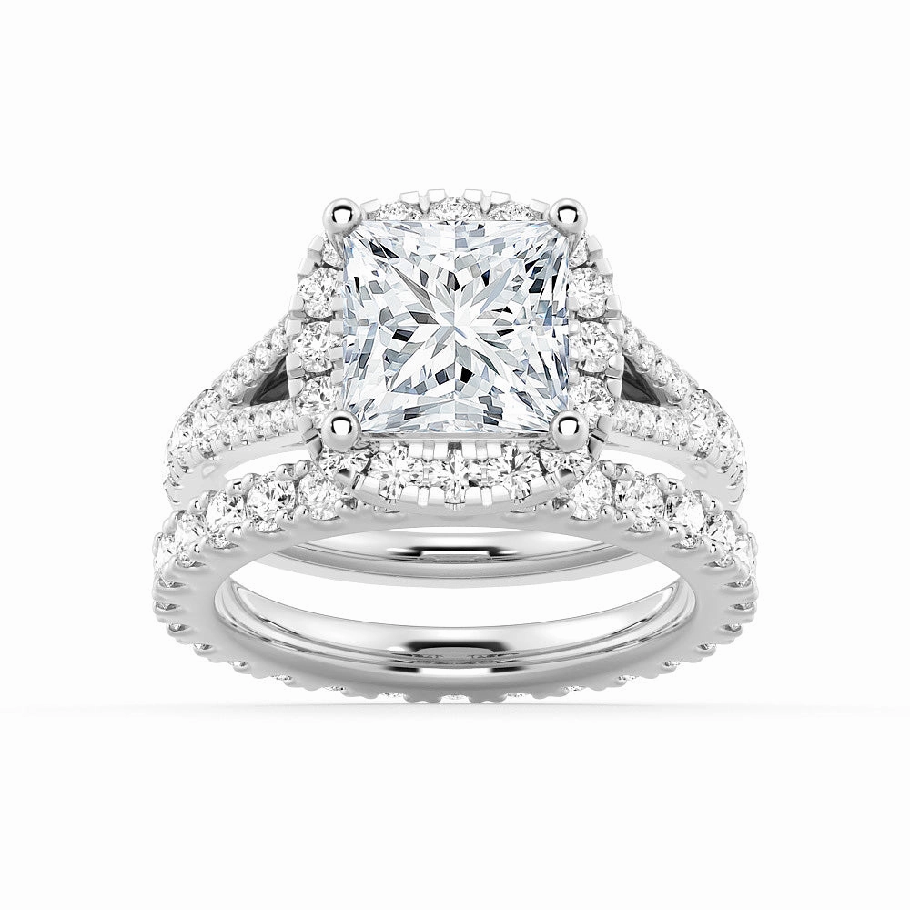 Princess Cut Split Shank Halo Moissanite Ring Set with Matching Wedding Band Festive Touch