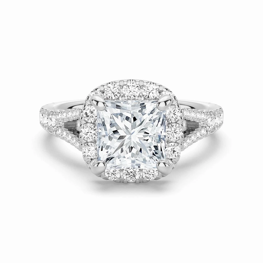 Opulent Look Princess Cut Split Shank Moissanite Halo Engagement Ring