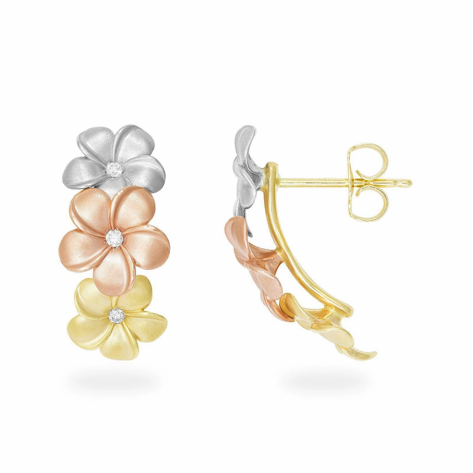 Plumeria Earrings in Tri Color Gold with Diamonds Anniversary Gift