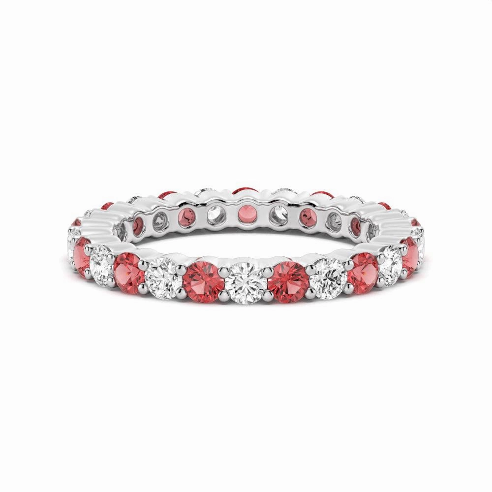 Glow Accent Sleek Touch Prong Set Ruby and White Sapphire Eternity Wedding Band