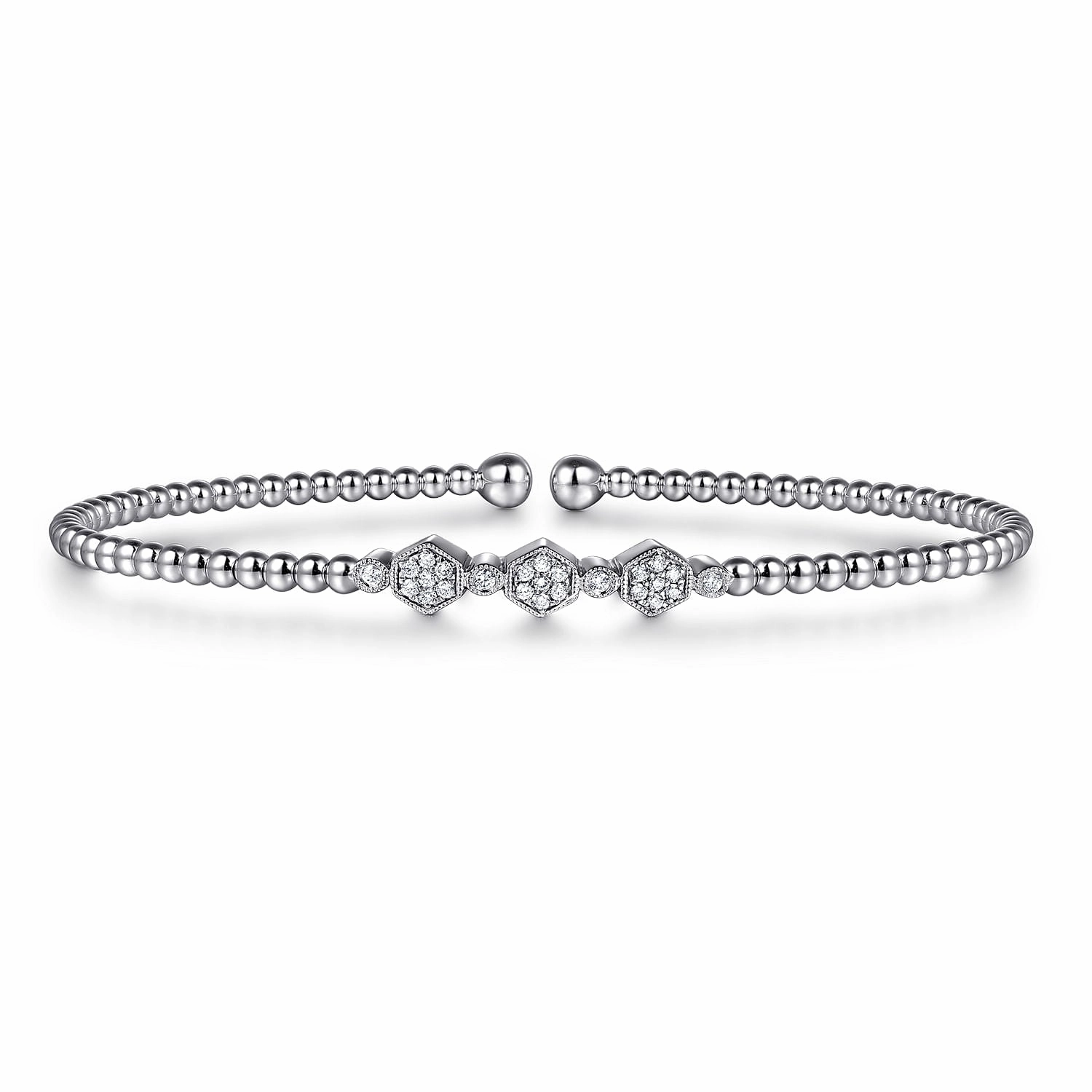 14K White Gold Bujukan Bead and Hexagon Cluster Diamond Bangle Anniversary Gift