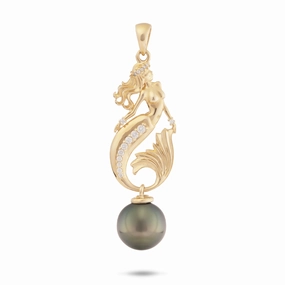 Ocean Dance Mermaid Tahitian Black Pearl Pendant in Gold with Diamonds - 9-10mm Timeless Accessory