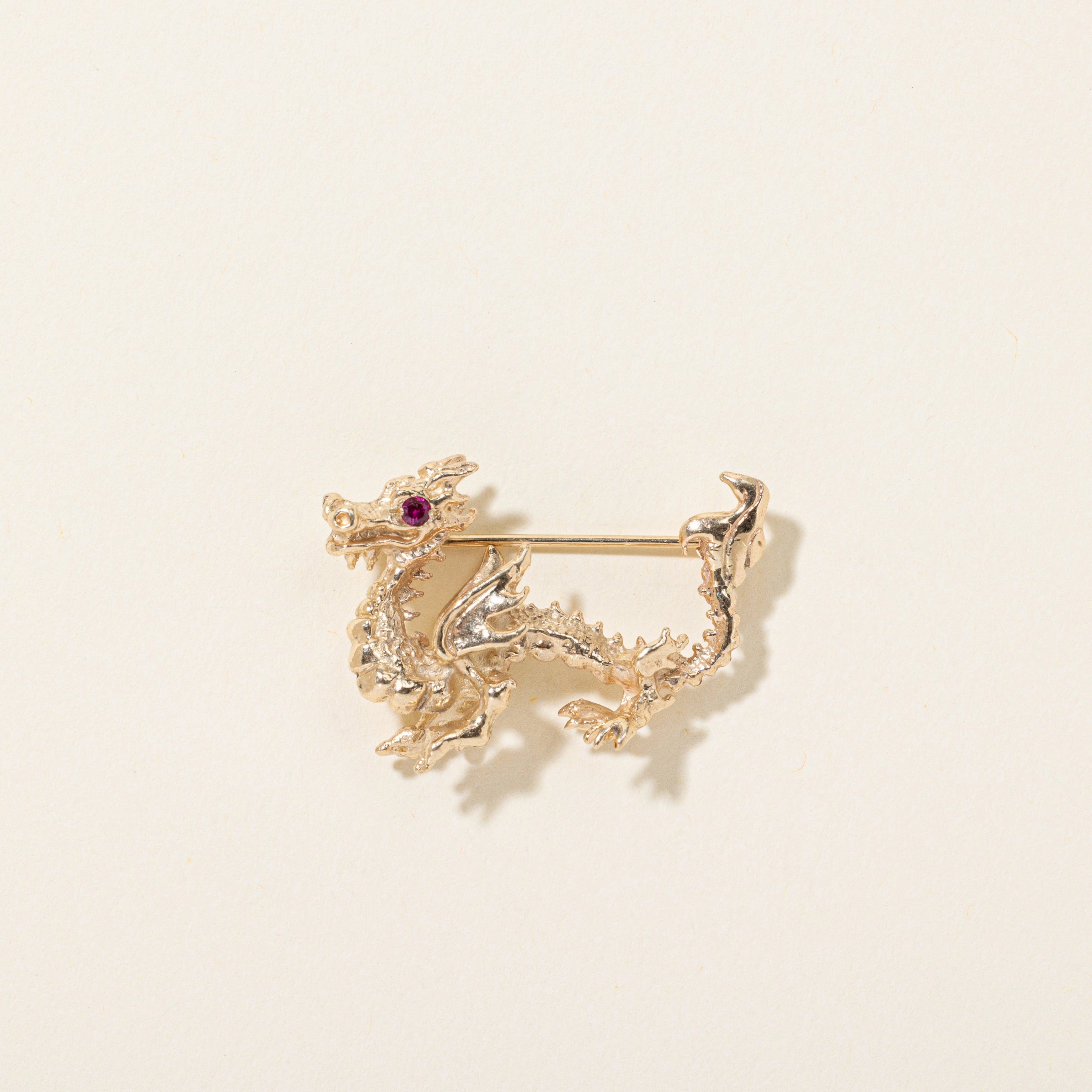 Synthetic Ruby Textured Loong Dragon Brooch | 0.08ctw Dressed Look