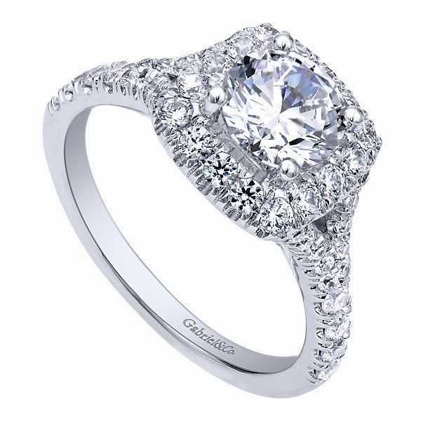 Traditional Look Daily Favorite 14K White Gold .77cttw Cushion Shaped Halo Diamond Engagement Ring with Subtle Split Shank. #306A