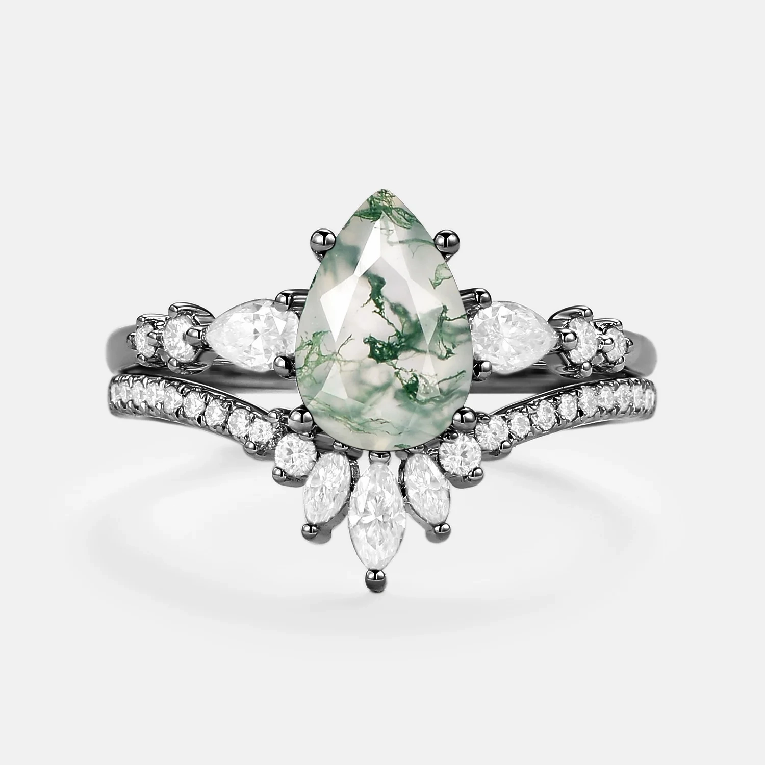 Black Gold Signature Pear Moss Agate Staccato Ring Set 2pcs - Scottie Classic Look