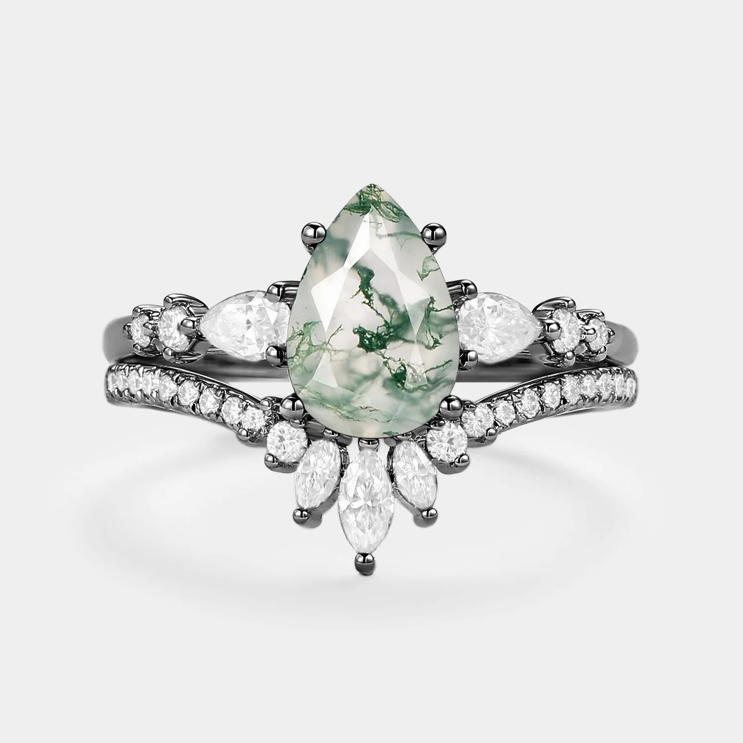 Branded Expression Award winning Black Gold Signature Pear Moss Agate Staccato Ring Set 2pcs - Scottie