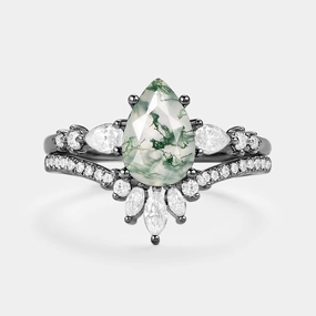 Black Gold Signature Pear Moss Agate Staccato Ring Set 2pcs - Scottie Radiant Jewelry Look Daily Style