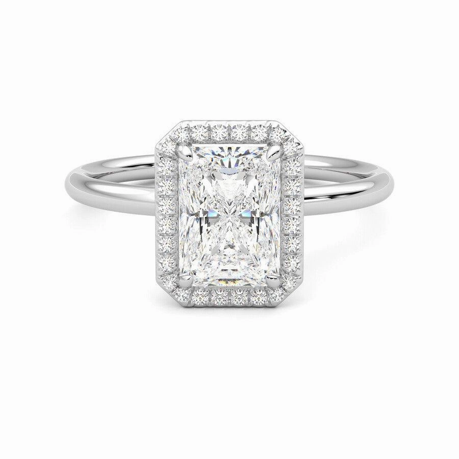 Radiant Cut Halo Moissanite Engagement Ring with Hidden Anniversary Stone Accent Dreamy Look
