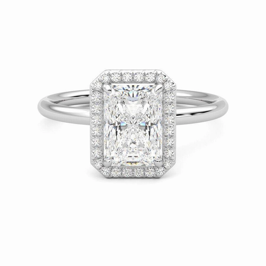 Graceful Finish Timeless Touch Radiant Cut Halo Moissanite Engagement Ring with Hidden Anniversary Stone Accent