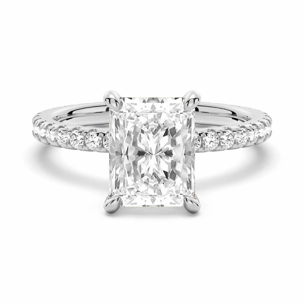 Radiant Cut Moissanite Engagement Ring With Eternity Pave Shank Fashion Elegance Weekend Style