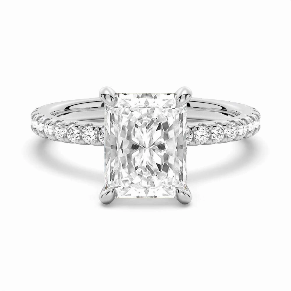 Radiant Cut Moissanite Engagement Ring With Eternity Pave Shank Silhouetted Shine Daily Gift