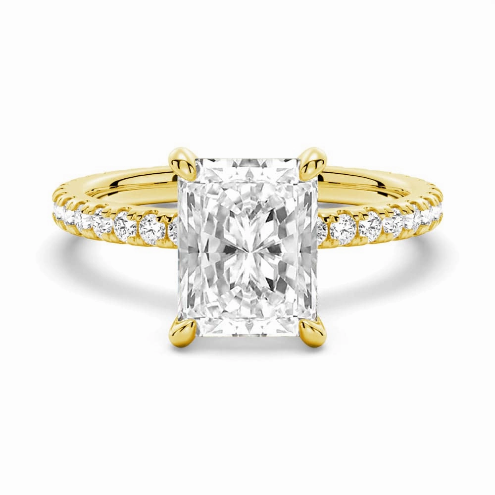 Radiant Cut Moissanite Engagement Ring With Eternity Pave Shank Fall Mood
