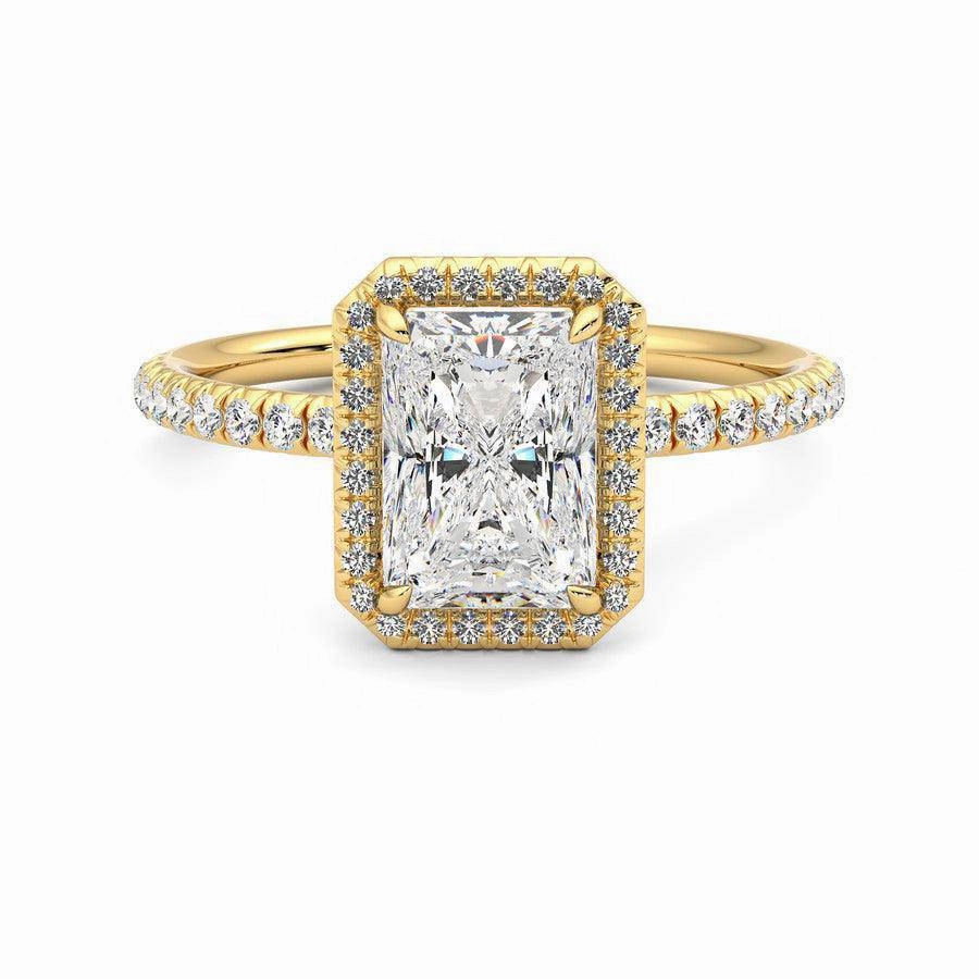 Fashion Week Luminous Accent Classic Halo Radiant Cut Moissanite Engagement Ring with Hidden Anniversary Stone Accent
