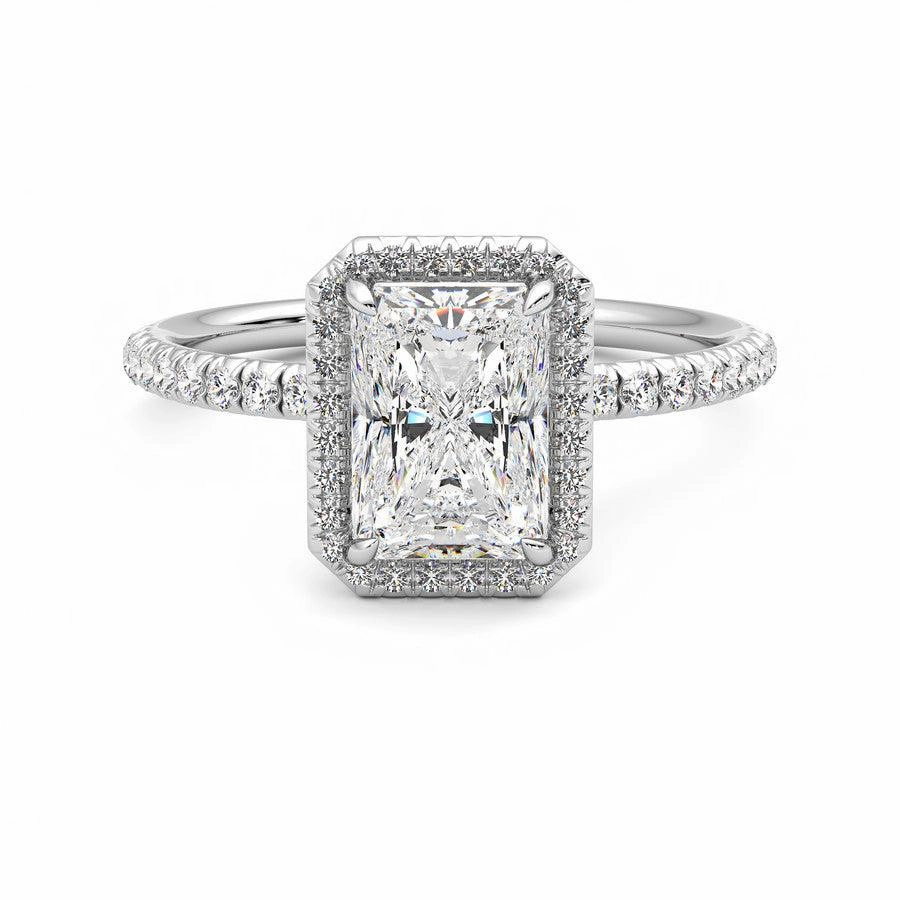 Classic Halo Radiant Cut Moissanite Engagement Ring with Hidden Anniversary Stone Accent Holiday Glow