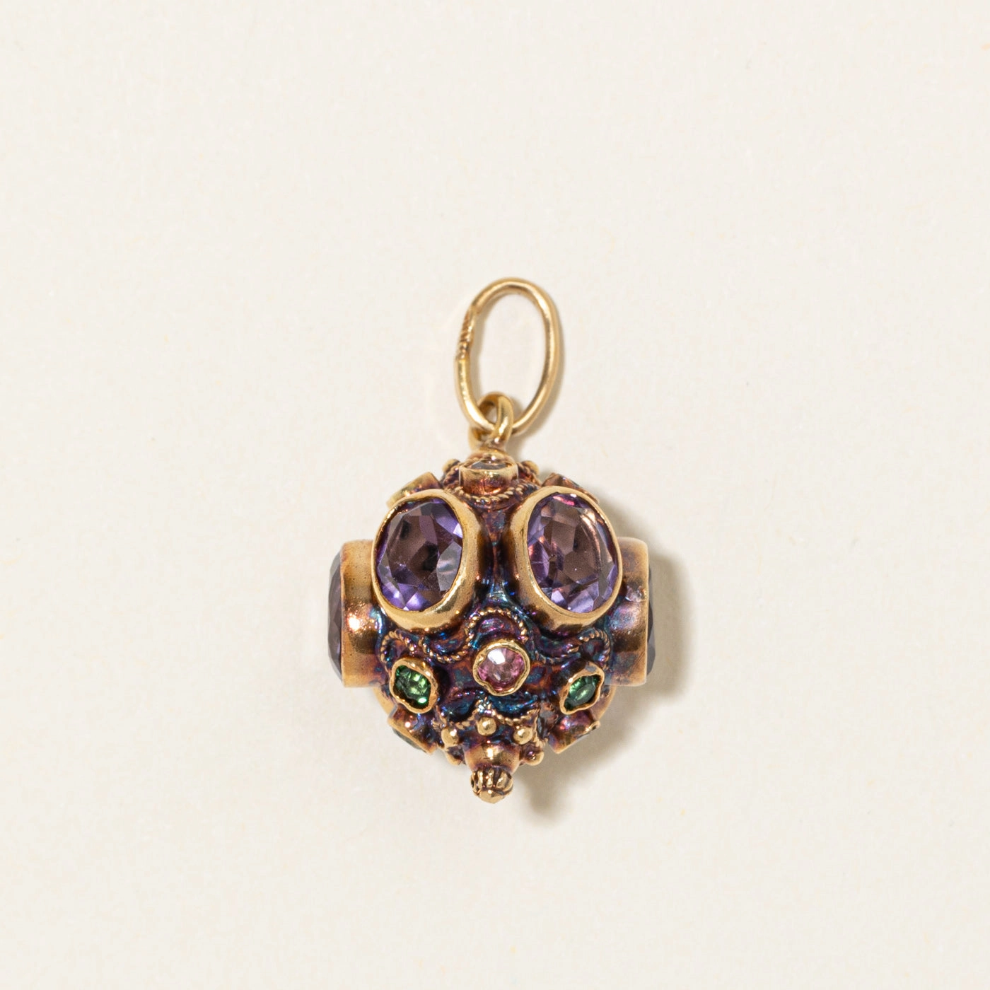 18k Bezel Set Amethyst & Tourmaline Ornate Charm | 9.00ctw, 1.20ctw Delicate Form Daily Fashion