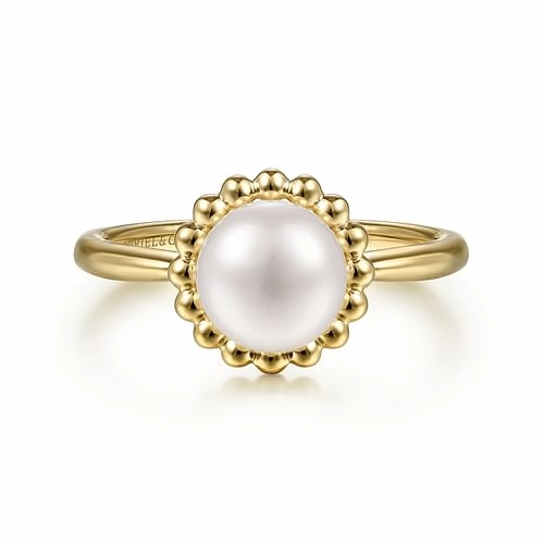 Evening Mood 14K Yellow Gold Pearl Ring with Bujukan Beaded Halo