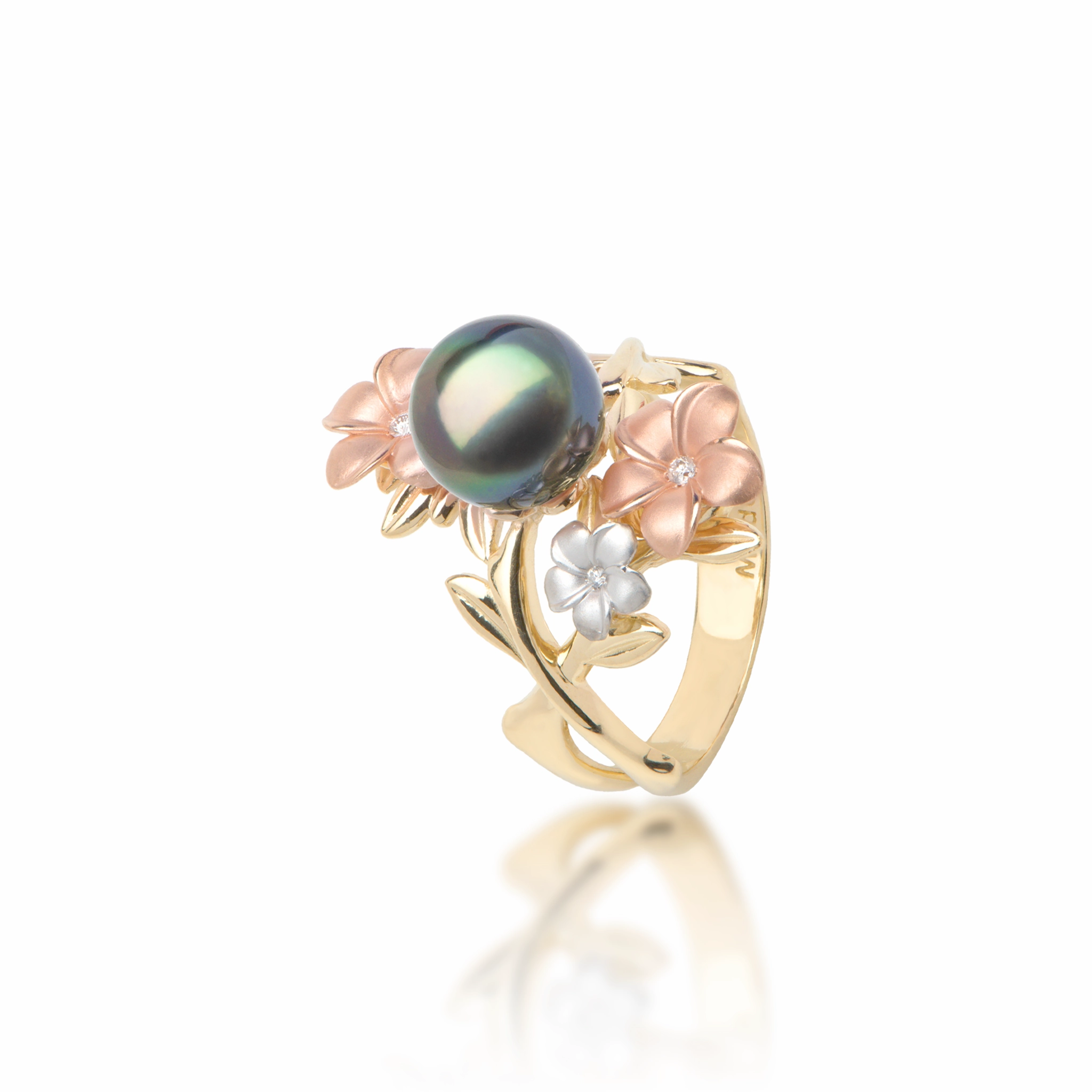 Handcrafted Touch Pearls in Bloom Plumeria Tahitian Black Pearl Ring in Tri Color Gold with Diamonds - 22mm