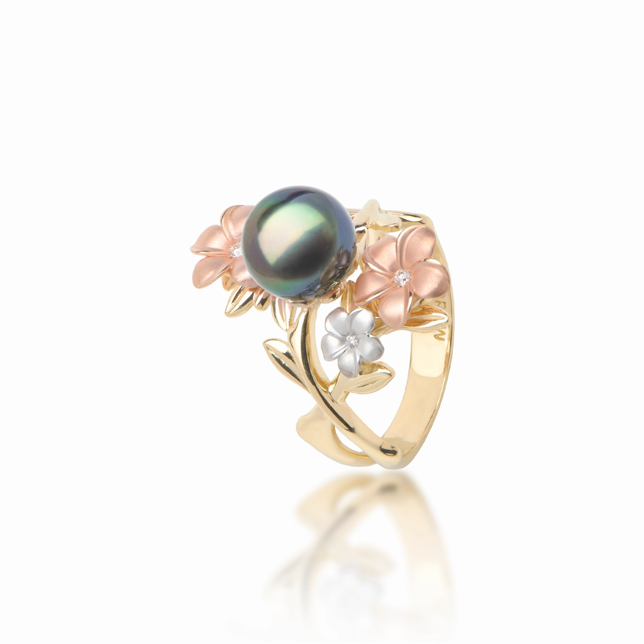 Handcrafted Shine Pearls in Bloom Plumeria Tahitian Black Pearl Ring in Tri Color Gold with Diamonds - 22mm