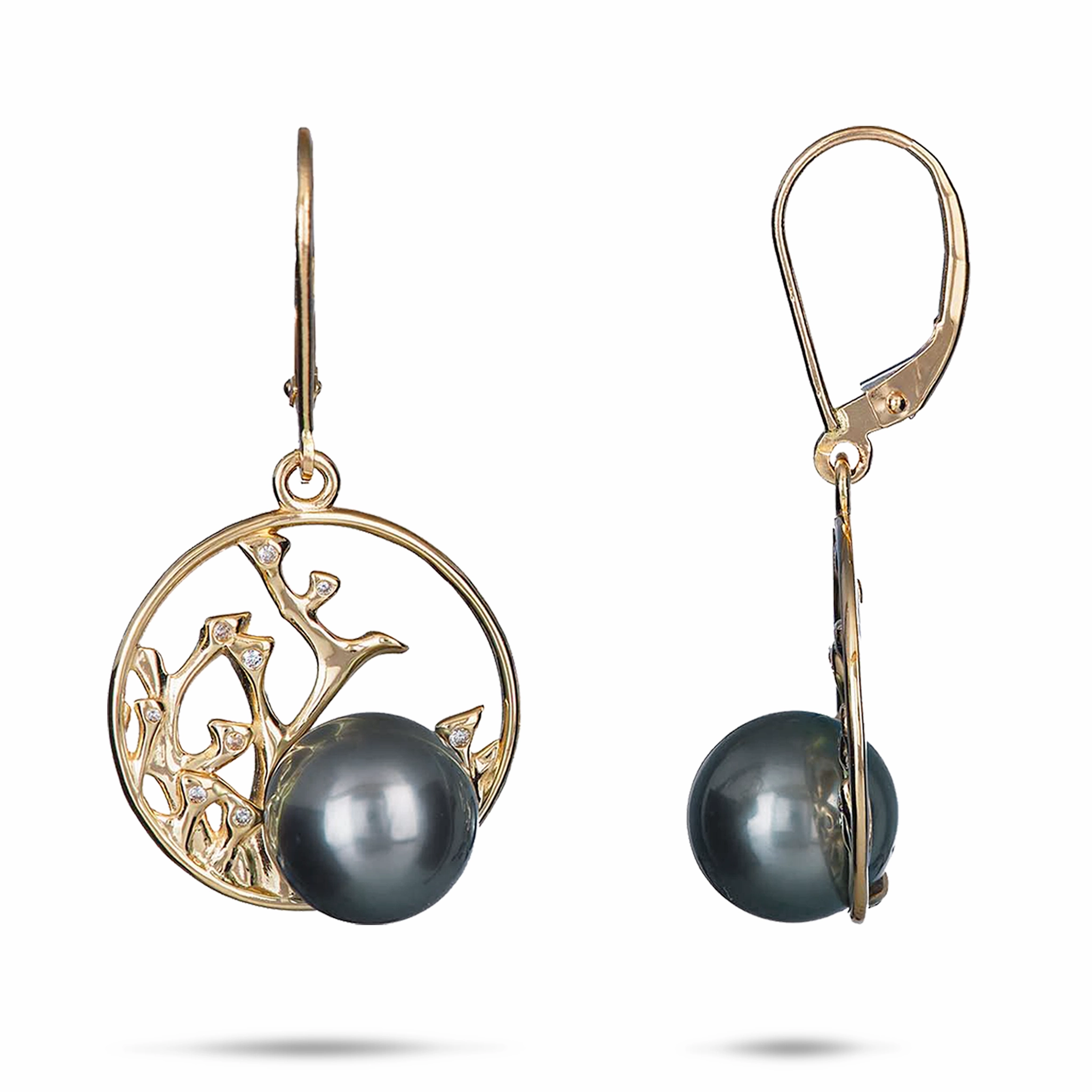 Gifting Moment Reefs Tahitian Black Pearl Earrings in Gold with Diamonds - 9-10mm