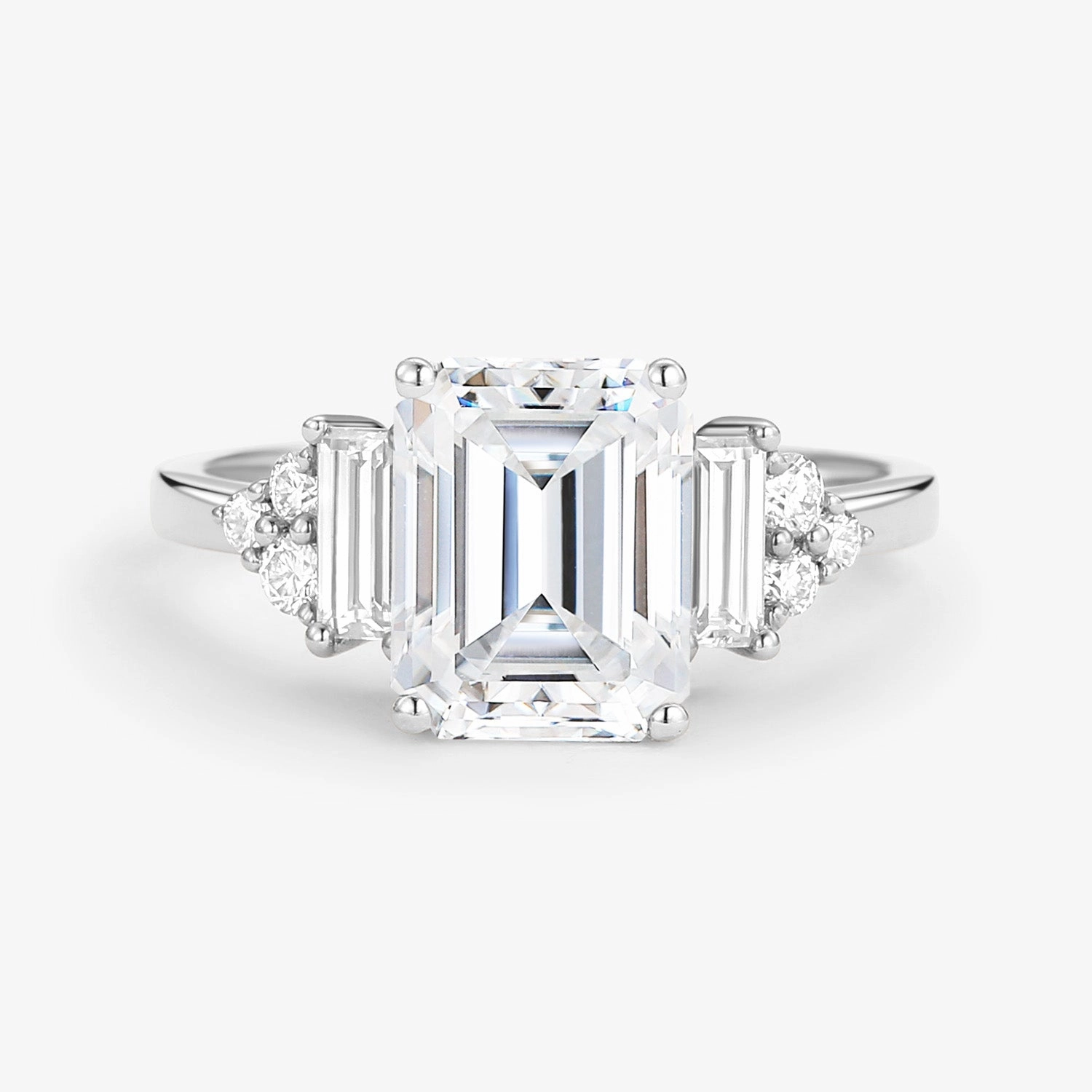 Layered Accent Showstopper Look Emerald Cut Moissanite Vintage Three-stone Engagement Ring