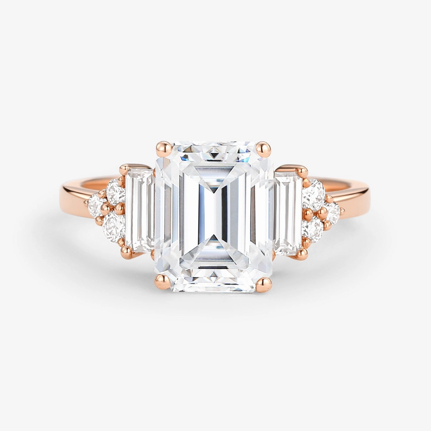 Emerald Cut Moissanite Vintage Three-stone Engagement Ring Fashionable Look Minimal Edge