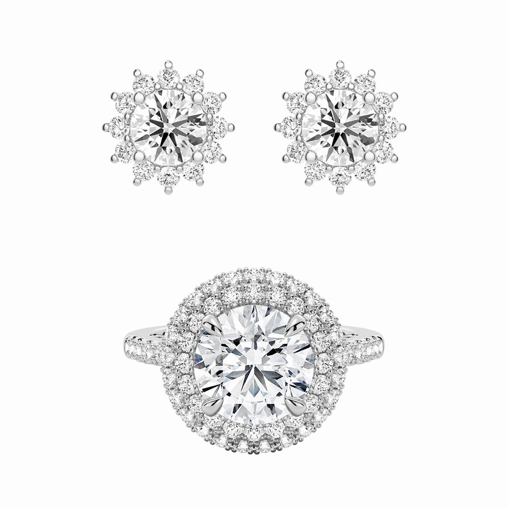 Double MicroPav?? Halo Rings And Sunflower Stud Earrings Set Elegant Form