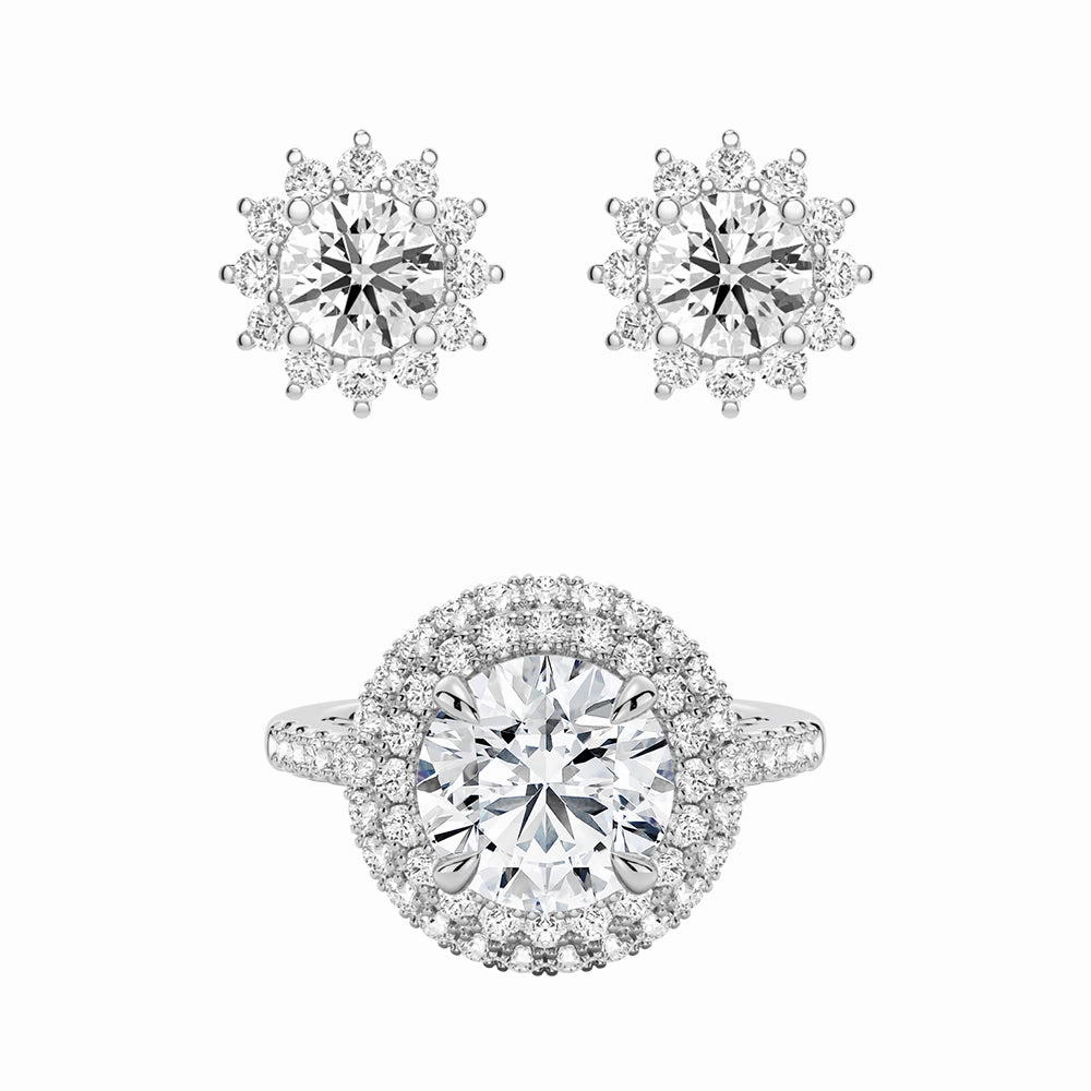 Radiant Gems Double MicroPav?? Halo Rings And Sunflower Stud Earrings Set