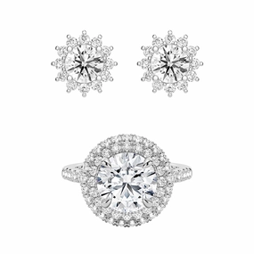 Radiant Gems Double MicroPav?? Halo Rings And Sunflower Stud Earrings Set