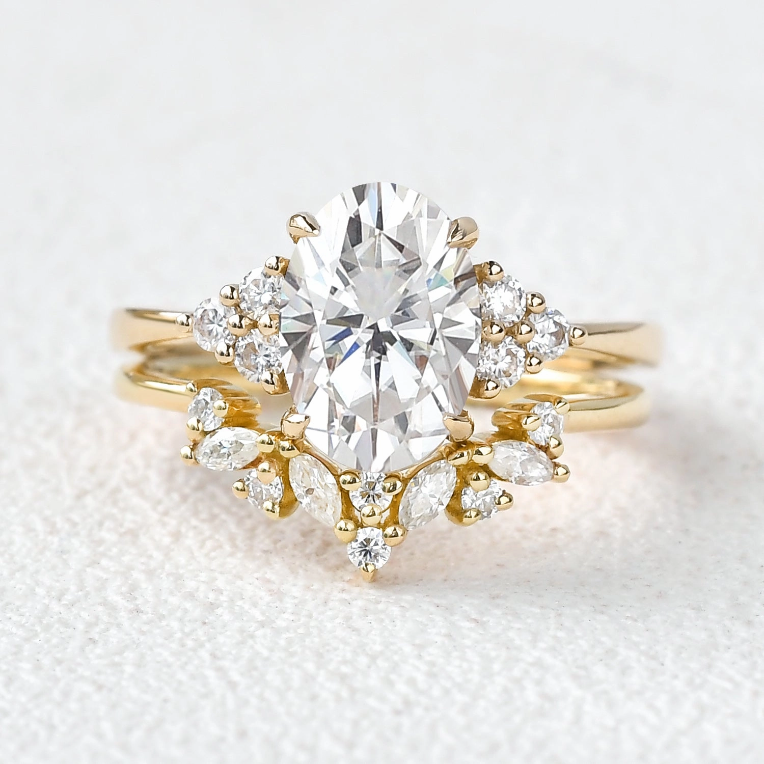 2.0ct Oval Cut Moissanite Floral Cluster Gold Ring Set 2pcs Work Accent