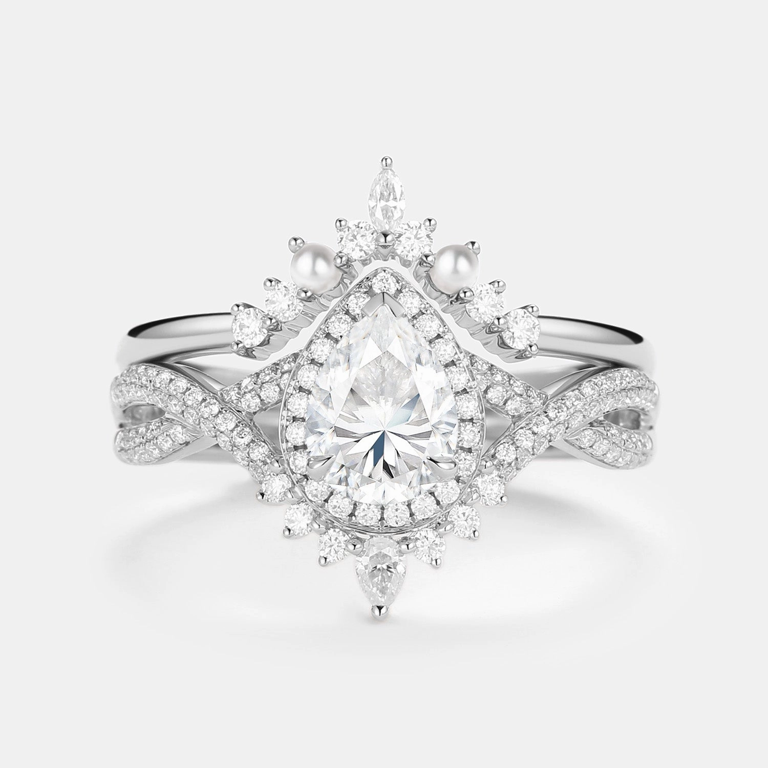 1.5ct Pear Moissanite & Pearl Halo Infinity Ring Set 2pcs Formal Accessory
