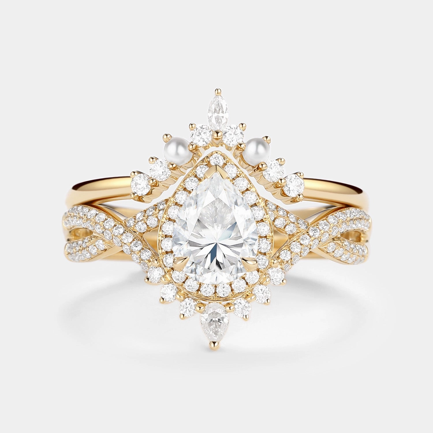 Evening Collection Daytime Look 1.5ct Pear Moissanite & Pearl Halo Infinity Ring Set 2pcs