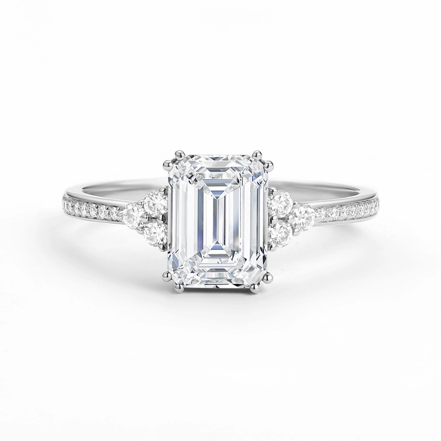 Precious Treasures Bold Touch Classic Emerald Cut Moissanite Cluster Engagement Ring