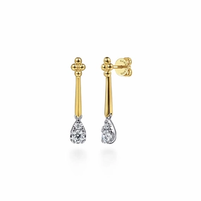 14K White and Yellow Gold Bujukan and Diamond Teardrop Stud Drop Earrings Minimal Chic