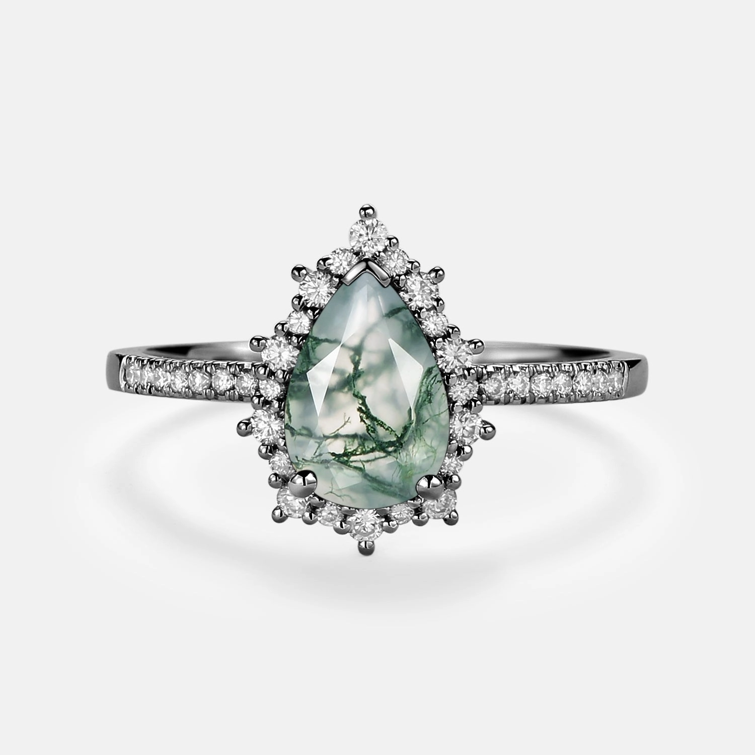 Chic piece Subdued Sparkle Halo Pear Shaped Moss Agate Engagement Ring - Ophelia
