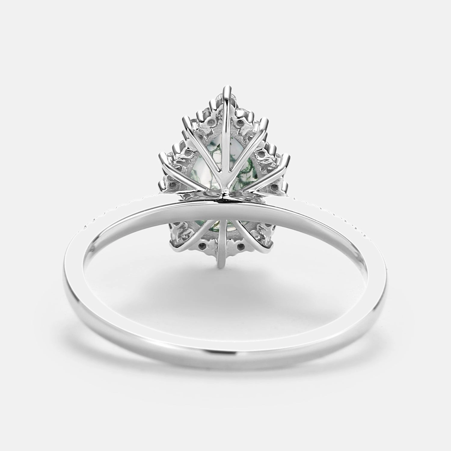 Handcrafted Form Halo Pear Shaped Moss Agate Engagement Ring - Ophelia