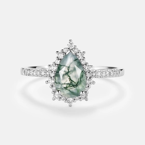 Halo Pear Shaped Moss Agate Engagement Ring - Ophelia Dazzling Craft