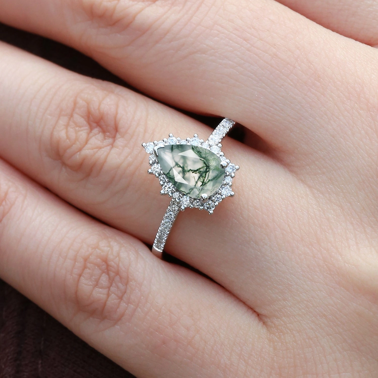Halo Pear Shaped Moss Agate Engagement Ring - Ophelia Breezy Style