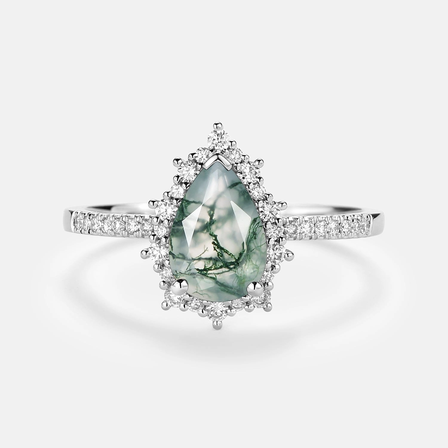 Halo Pear Shaped Moss Agate Engagement Ring - Ophelia Dazzling Craft