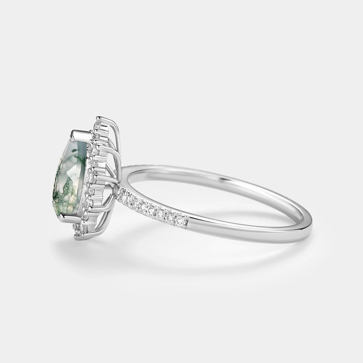 Bright Mood Handcrafted Shine Halo Pear Shaped Moss Agate Engagement Ring - Ophelia