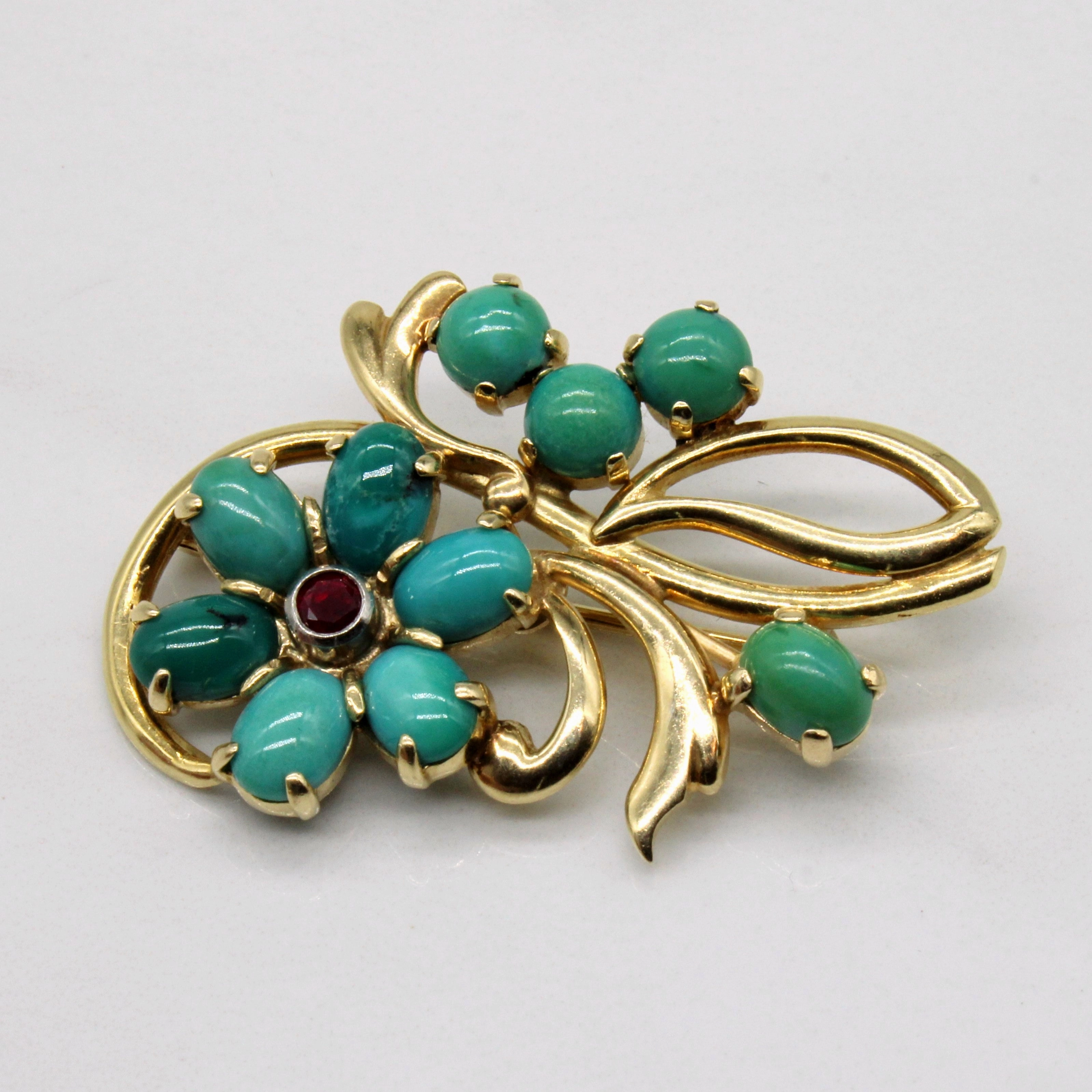Turquoise & Ruby Floral Brooch | 5.50ctw, 0.20ct | Gentle Finish