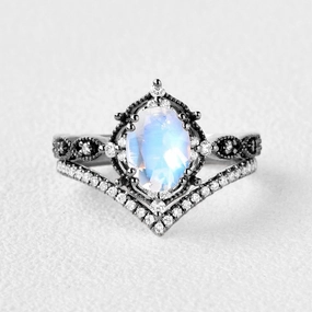 Bold Decoration Gentle care Black Gold Signature Oval Moonstone Vintage Ring Set 2pcs