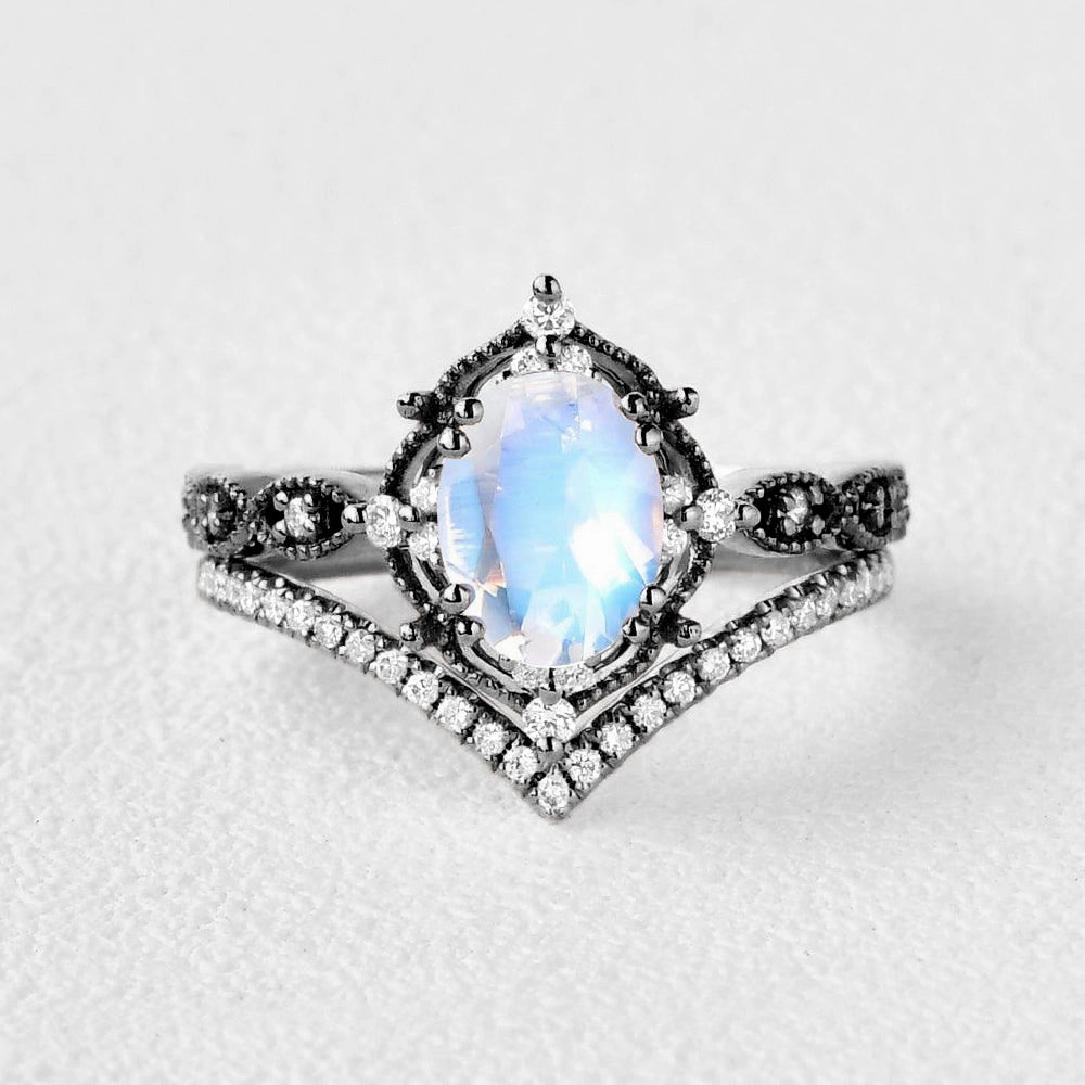 Comfortable Product Black Gold Signature Oval Moonstone Vintage Ring Set 2pcs
