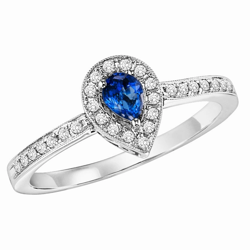 Worldly Charm Pear Shaped Sapphire With Diamond Halo Ring 14k White Gold