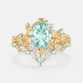 Charming Jewelry Shine Firework Cut Oval Leafy Lab Green Sapphire Engagement Ring Set 2pcs - Lilac