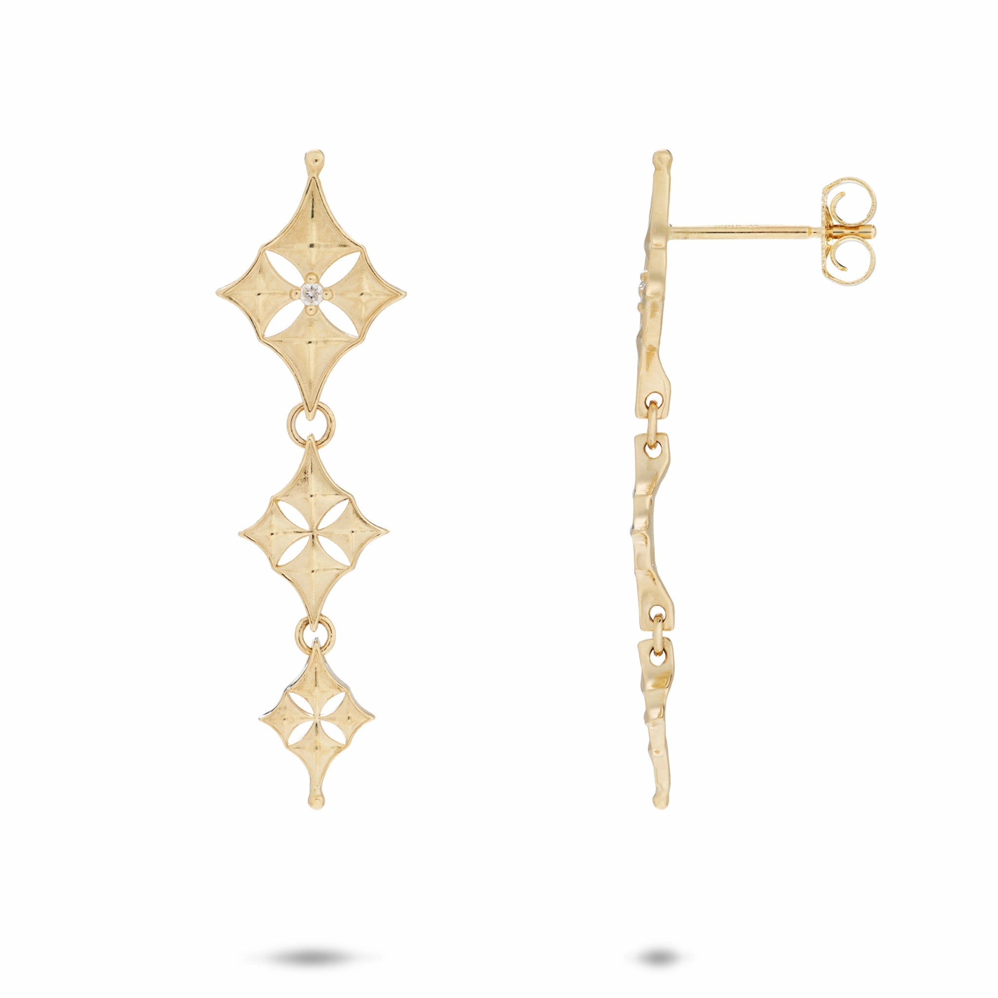Sophisticated Accent Vivid Accent Hawaiian Quilted Star Earrings in Gold with Diamonds - 34mm