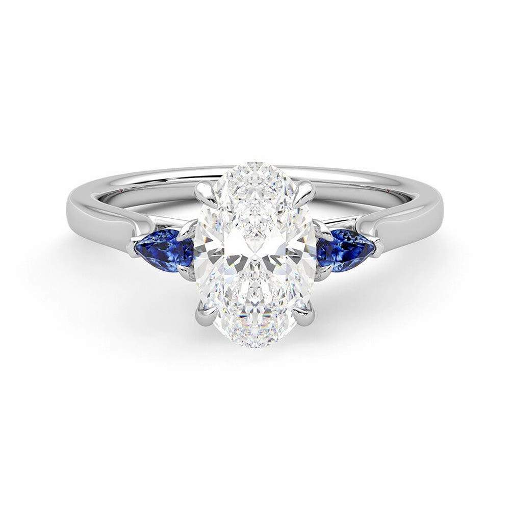 Trendy Look Three Stone Oval Cut Moissanite and Sapphire Engagement Ring with Hidden Anniversary Stone Accent